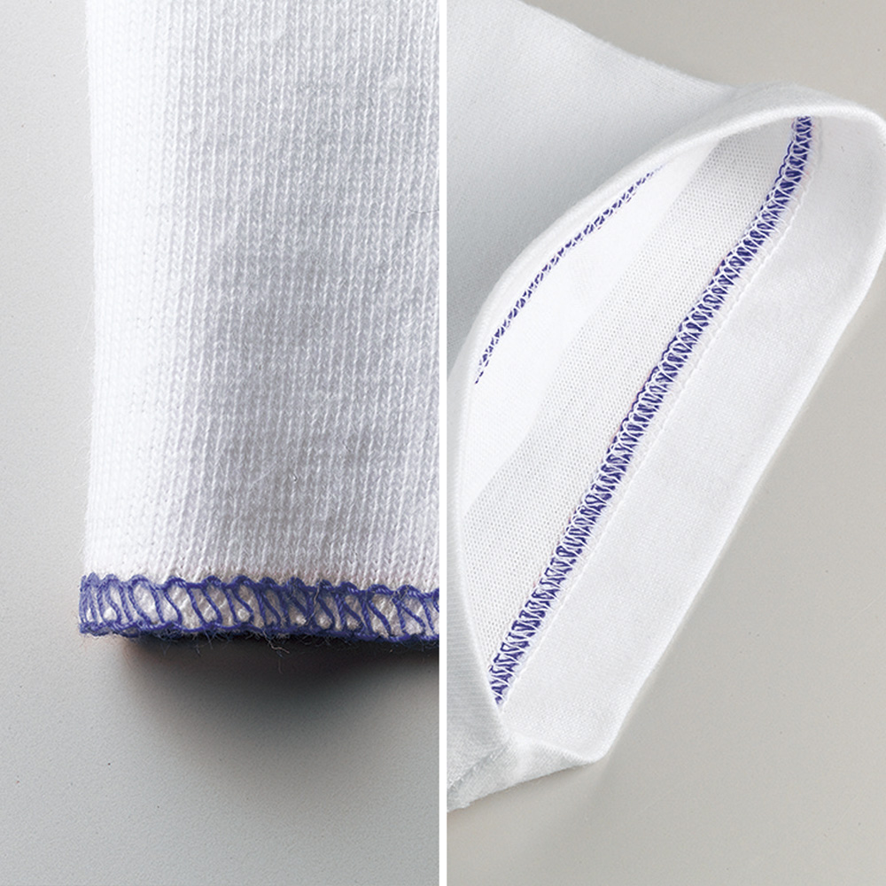 袖と裾はオーバーロックかがり後に2本針始末を施しました<br> ※縫製糸について、実際の商品はボディ同色になります